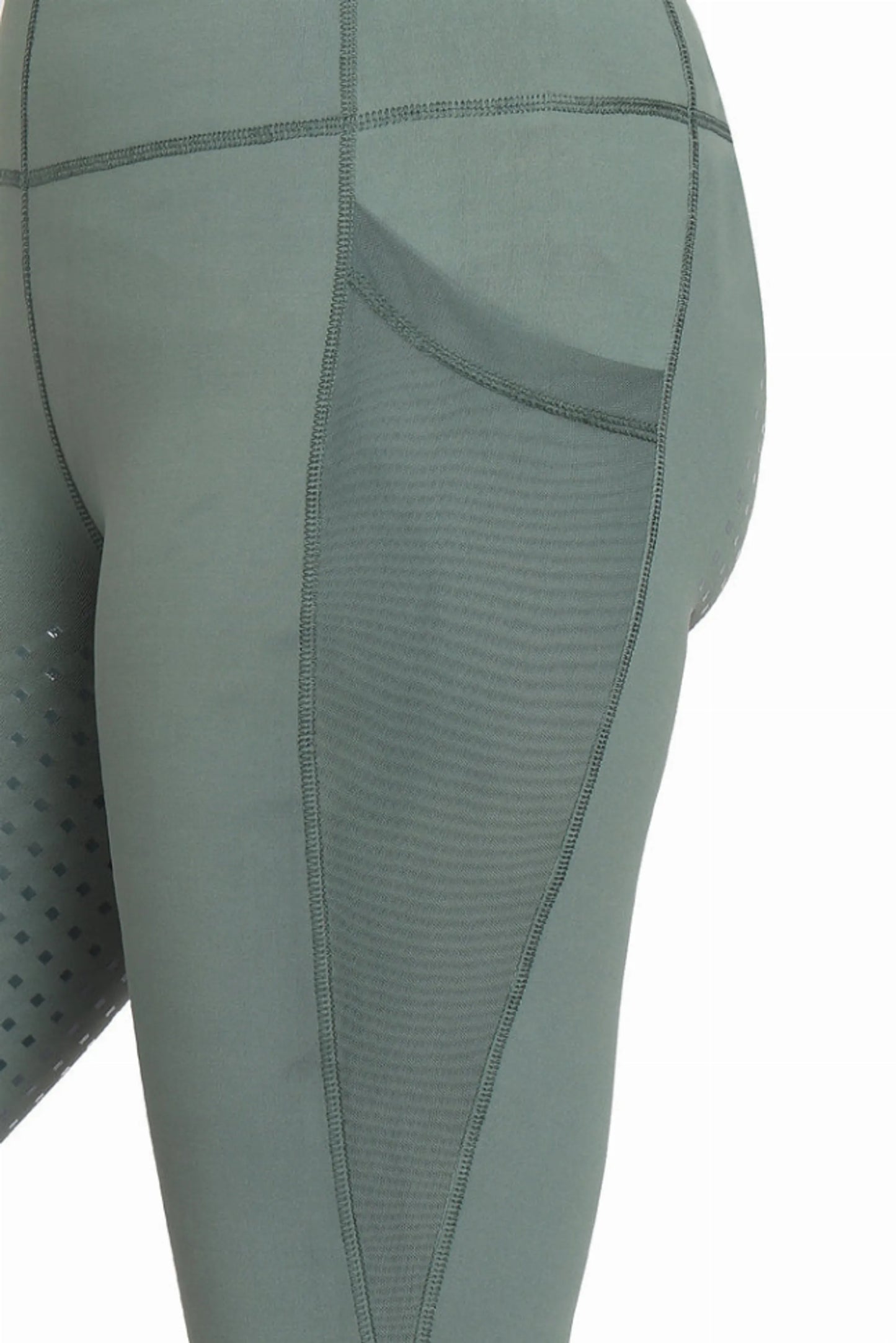 Close-up of side pocket detail on TuffRider Ladies Minerva EquiCool Full Seat Tights in muted green color.