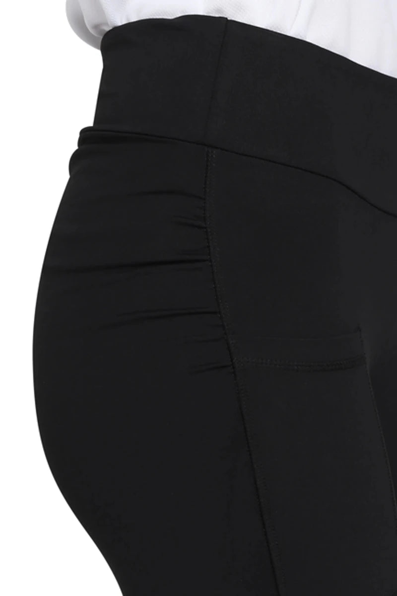Close-up of black TuffRider Ladies Bootie Tights With Pocket showing side pocket and high waistband detail
