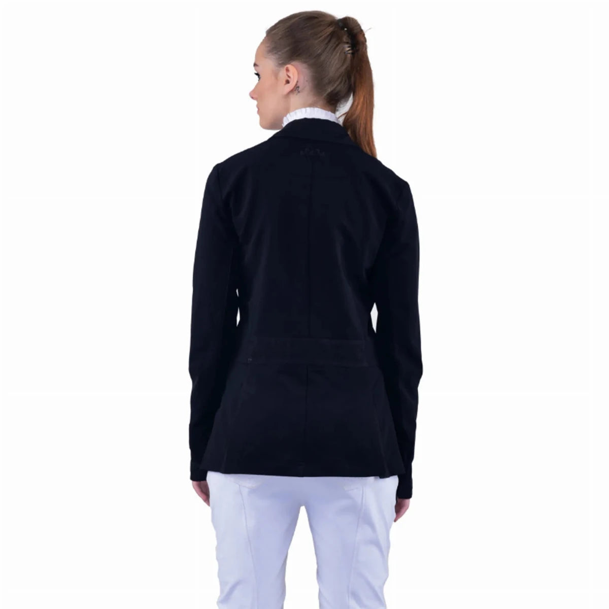 Woman wearing Equine Couture Ladies Oslo Show Coat - Lightweight Stretch Show Jacket for Equestrian Competition, shown from the back