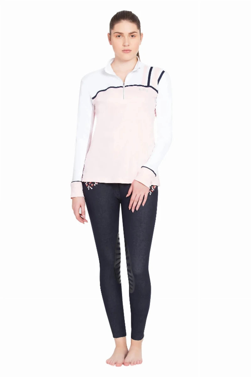 Woman wearing Equine Couture Ladies Nicole EquiCool Long Sleeve Sport Shirt in light pink and white with black accents.