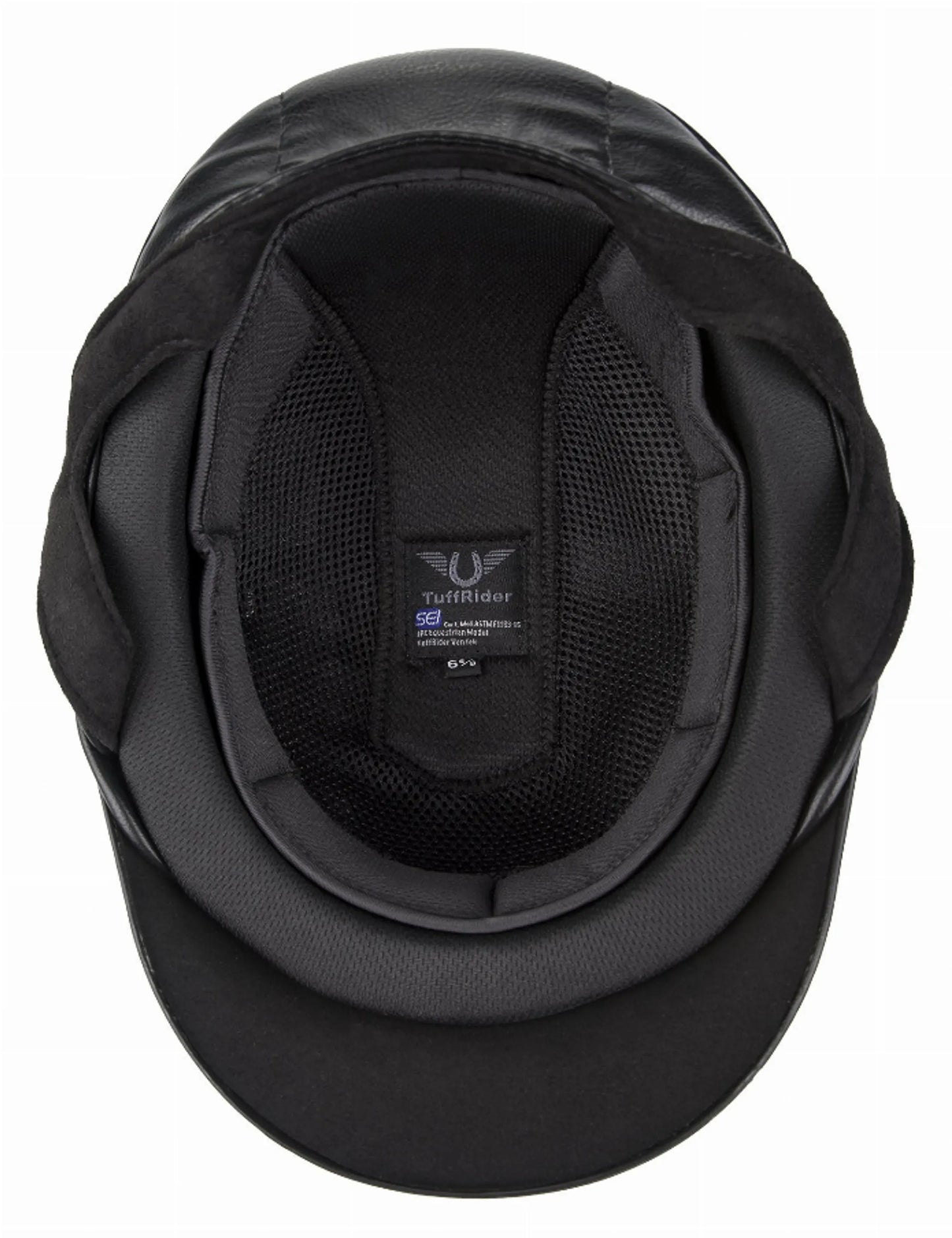 Top view of a black TUFFRIDER VENTEK MICROTOUCH HELMET showing padded interior and breathable mesh lining.