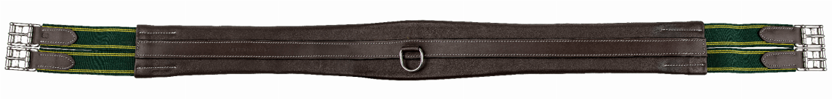 Henri de Rivel Pro Chafeless Snap Girth with dark leather center and green elastic ends for horse tack and equestrian supplies