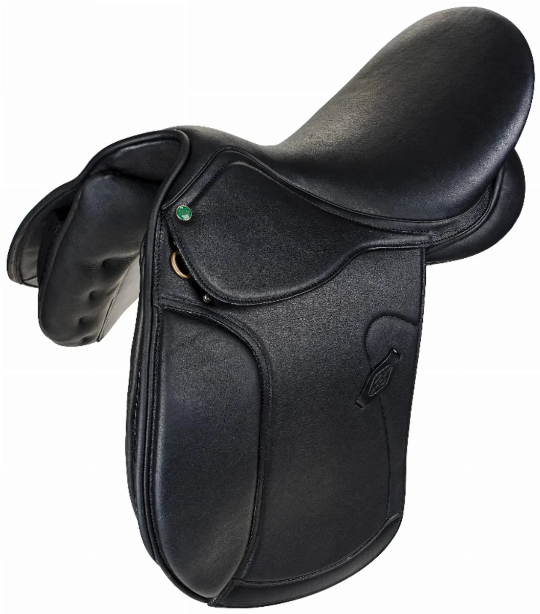 Henri de Rivel Dresseur Dressage Saddle in black, smooth leather with ergonomic seat and knee rolls for horse riding