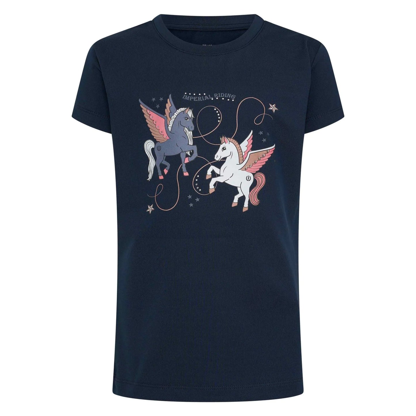 Imperial Riding Kids Tech Top Sky-Navy-128 with navy blue fabric and colorful winged horse graphic on front
