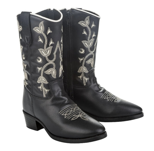 TuffRider Youth Black Floral Western Boots - Kids Square Toe Cowboy Boots with Embroidered Design