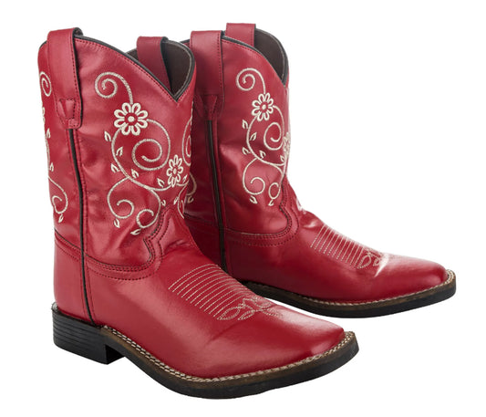 TuffRider Youth Fire Red Floral Western Boots - Kids Cowboy Boots with Embroidered Design