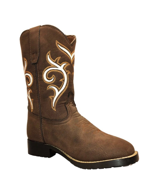 TuffRider Children's Carlsbad Square Toe Western Boot- Brown w/ White- 10C
