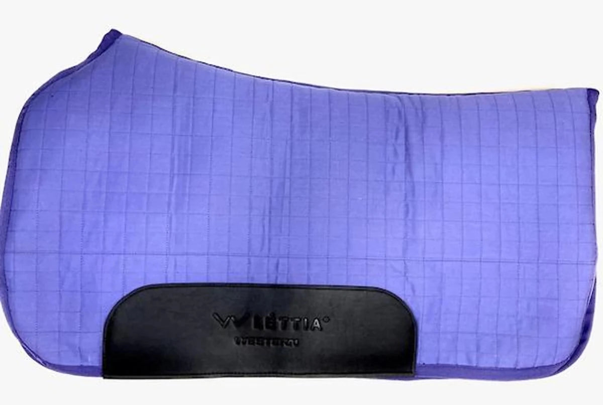 Lettia Western Saddle Pad in blue with black leather patch, designed for comfortable horse tack support.