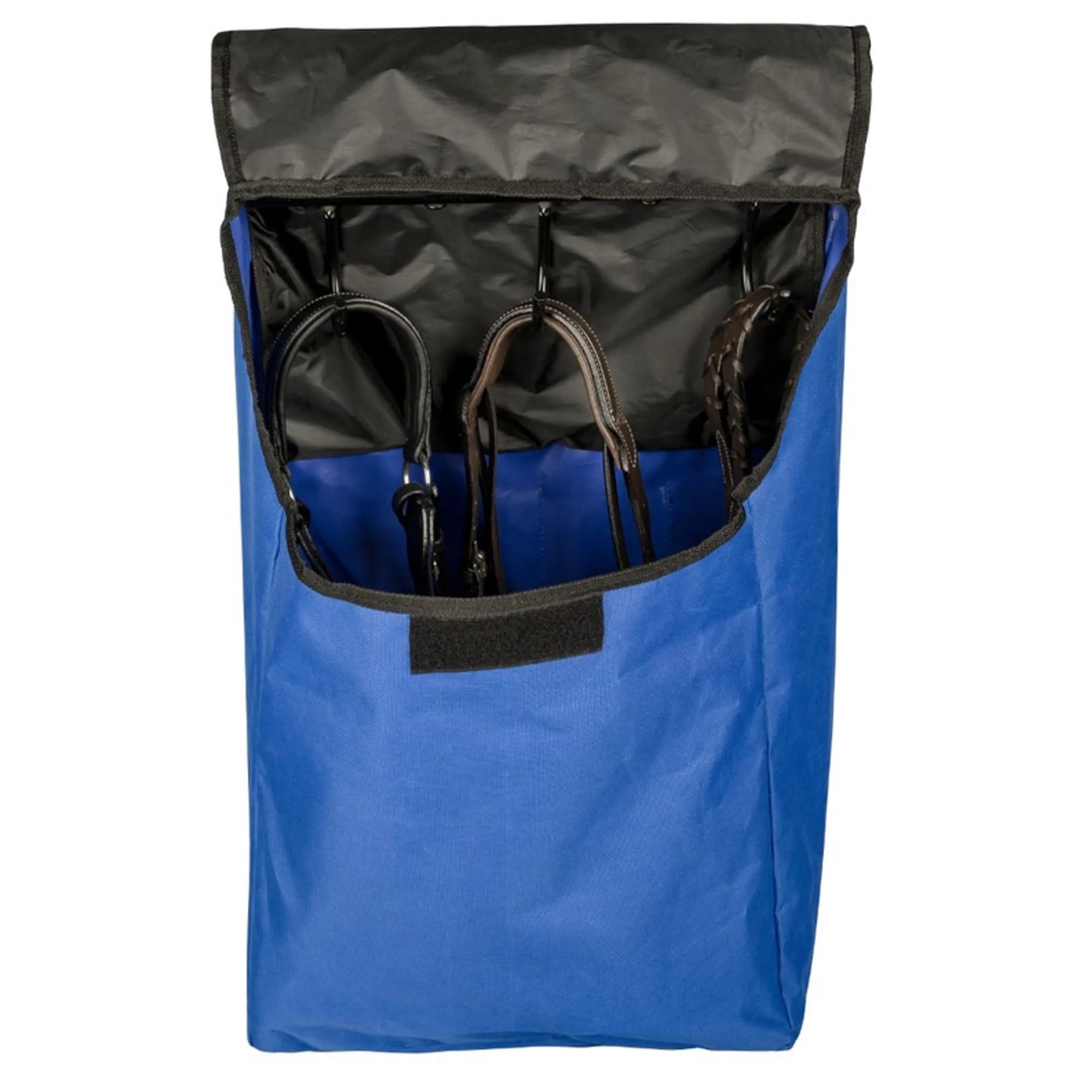 TuffRider Portable Hanging Tack Carrier Bag in blue with black interior, designed for easy storage and transport of horse tack.