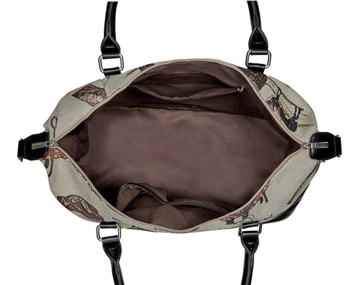 Open top view of AWST Int'l Equestrian Tapestry Pattern tote bag with brown interior and black handles