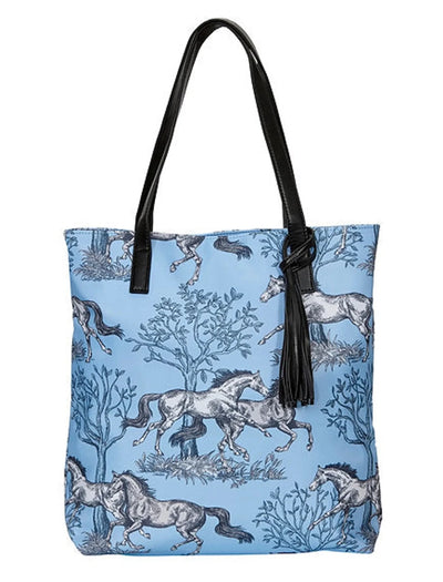 AWST Int'l "Lila" Blue Toile Pattern Tote Bag with Tassel, 1
