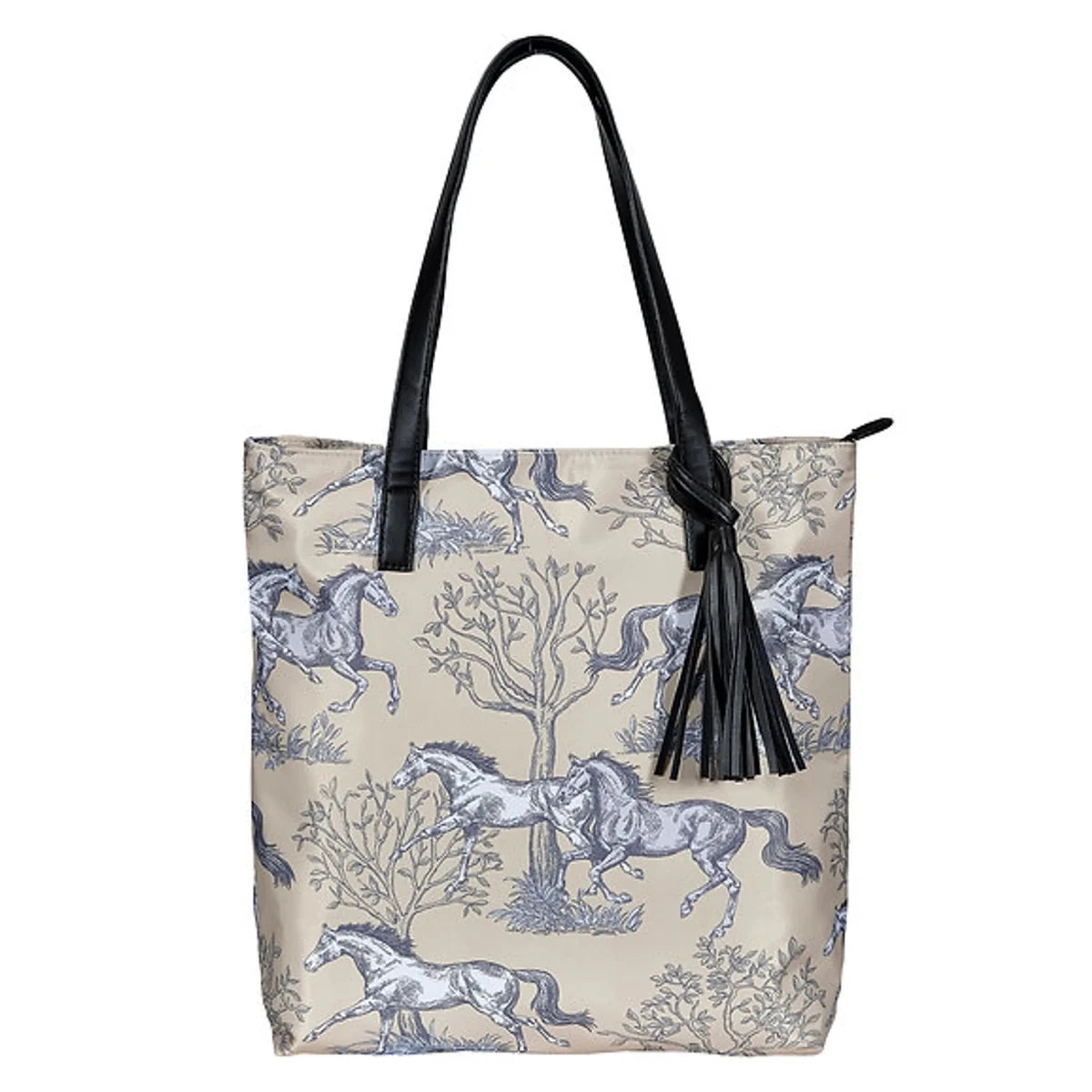 AWST Int'l "Lila" Toile Pattern w/ Tassel- Beige tote bag with black handles and horse toile print design