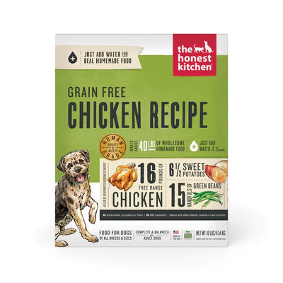 Front view of a green and white bag of The Honest Kitchen Grain Free Chicken Recipe dog food with a dog graphic.