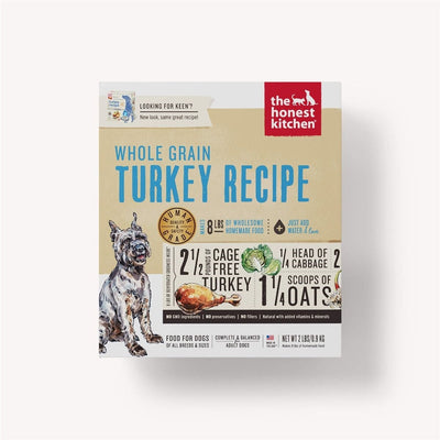 Front of a 2lb bag of The Honest Kitchen Whole Grain Turkey Recipe dog food, featuring a schnauzer and ingredient illustratio