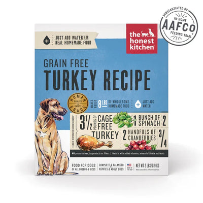 Front of a blue and white box of Honest Kitchen Grain Free Turkey Recipe dog food with a dog illustration.