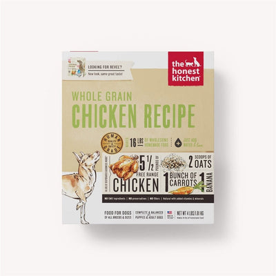 Front view of The Honest Kitchen Revel Whole Grain Chicken Dehydrated Dog Food 4 lb box, showing ingredients and dog graphic.
