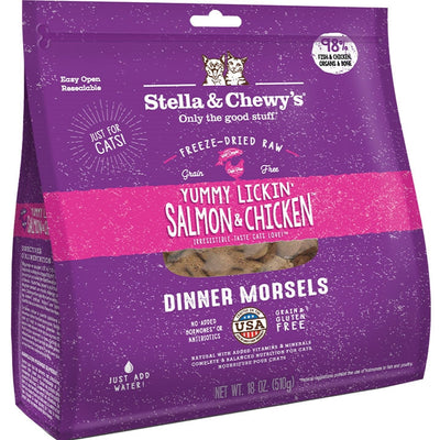 Purple bag of Stella & Chewy's freeze-dried salmon and chicken cat food, with a clear window showing the morsels.