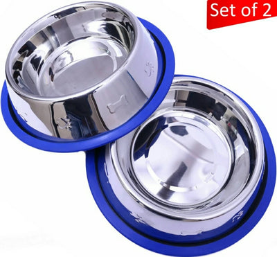 Mr. Peanut's Etched Stainless Steel Dog Bowls with Blue Silicone Base, Set of 2