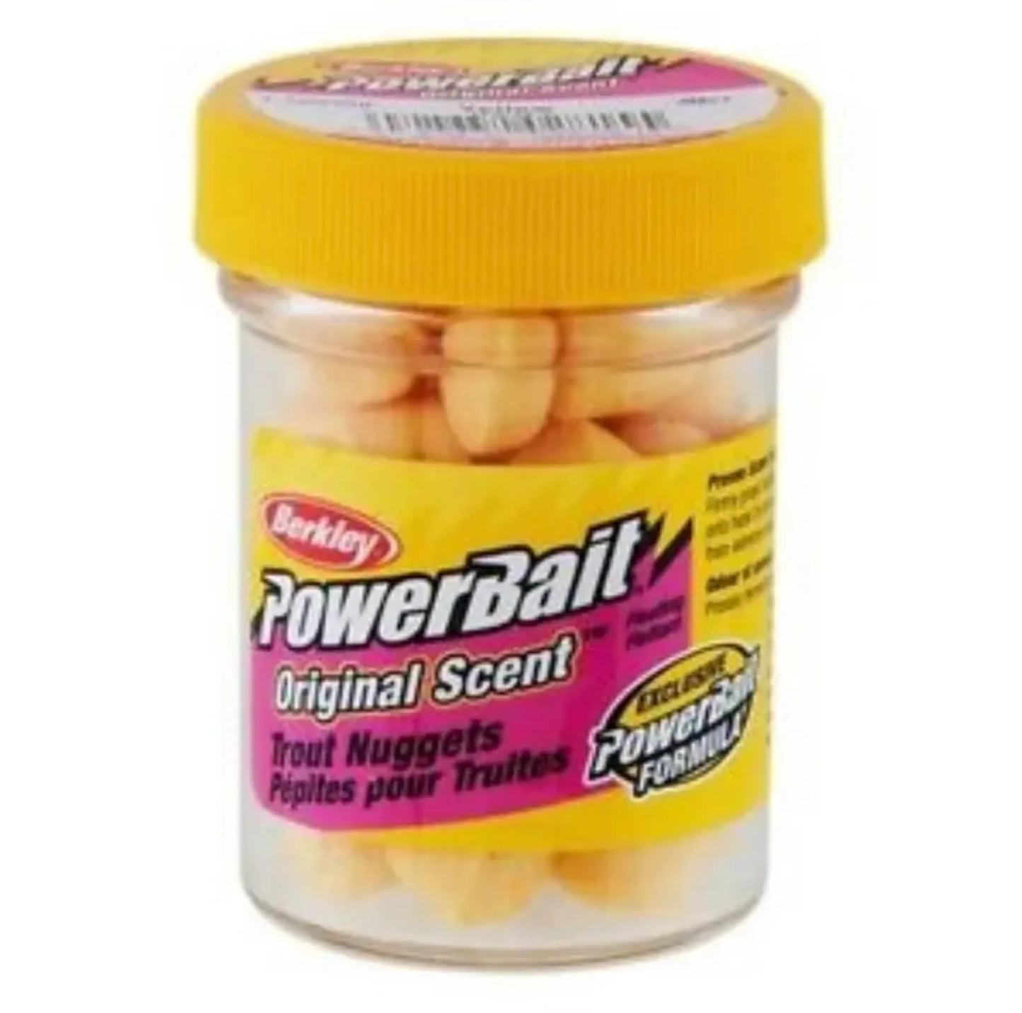 Powerbait (Trout Nugs) container with yellow lid and orange scent nuggets inside for fishing bait use