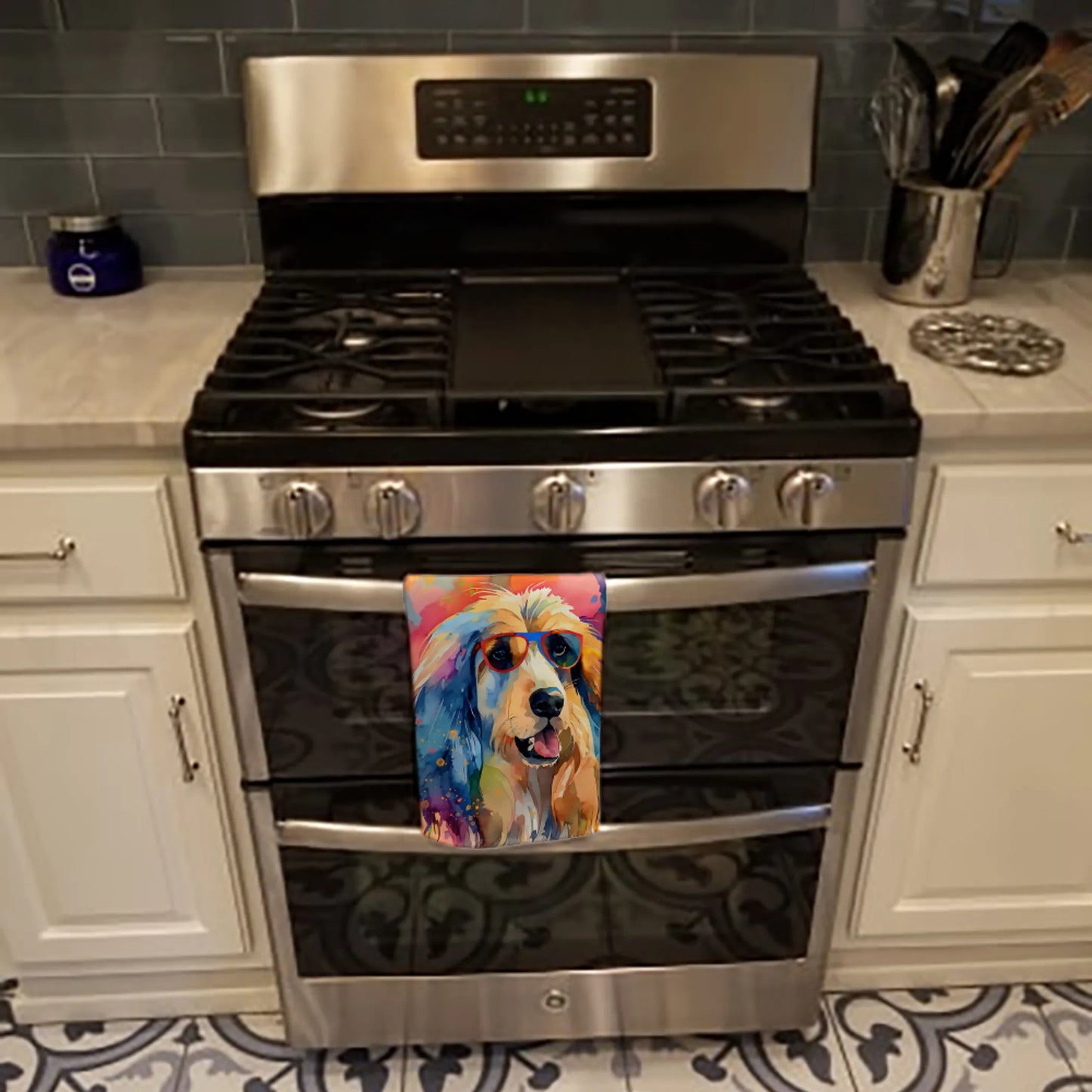 Dog Lover Kitchen Towel - Absorbent Cotton Dish Towel with Hippie Dog Design