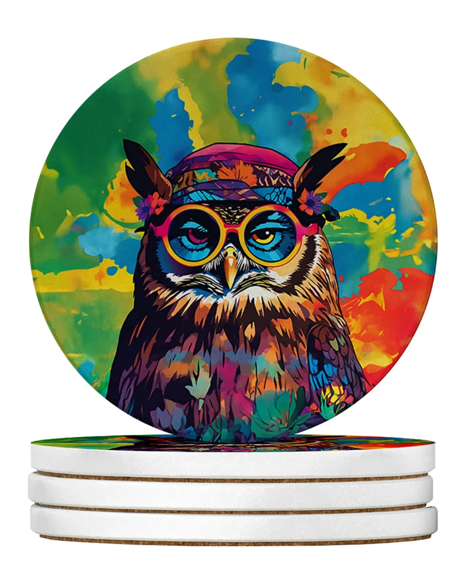 Hippie Animals Large Sandstone Coasters, 4/Owl 4014, view 55