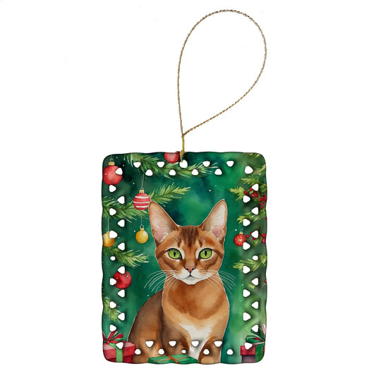 Cat By Christmas Tree Porcelain Ornament