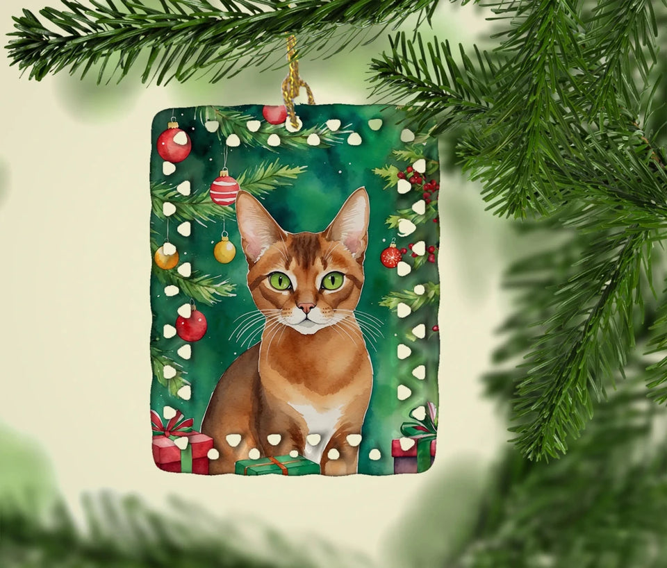 Cat By Christmas Tree Porcelain Ornament, view 89