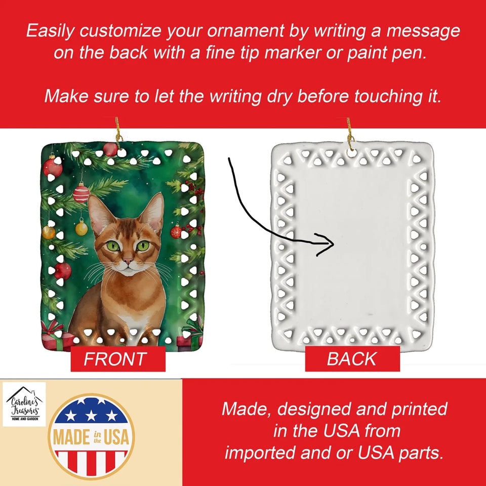 Cat By Christmas Tree Porcelain Ornament, view 90