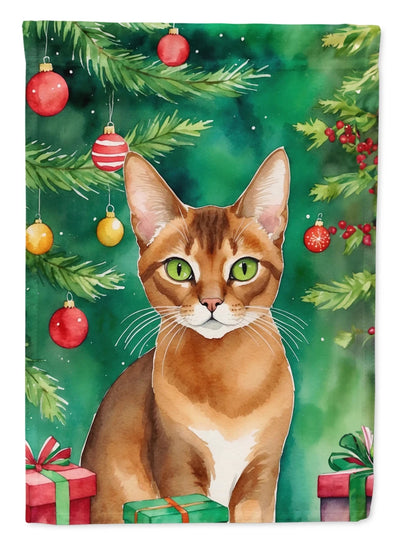 Cat By Christmas Tree Decorative Flag, GARDEN SIZE/Abyssinian cat