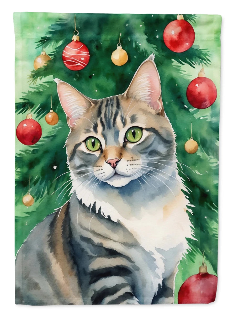 Cat By Christmas Tree Decorative Flag, HOUSE SIZE/American bobtail cat, view 6