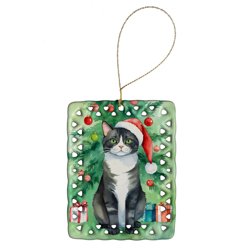 Cat By Christmas Tree Porcelain Ornament, 1/American shorthair cat, view 6