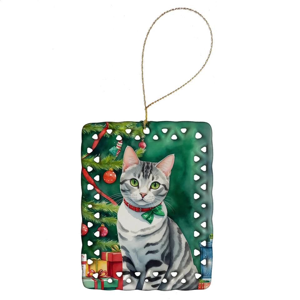 Cat By Christmas Tree Porcelain Ornament, 1/American wirehair cat, view 7