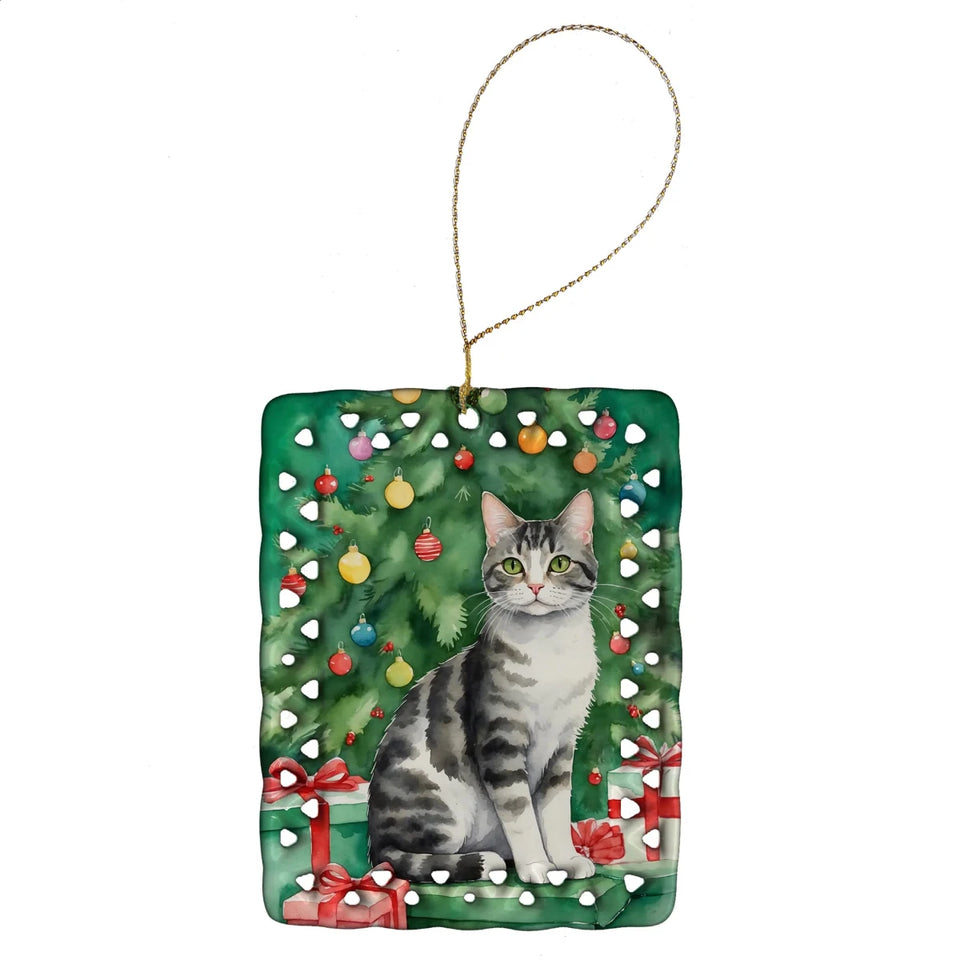 Cat By Christmas Tree Porcelain Ornament, 1/Arabian mau cat, view 8