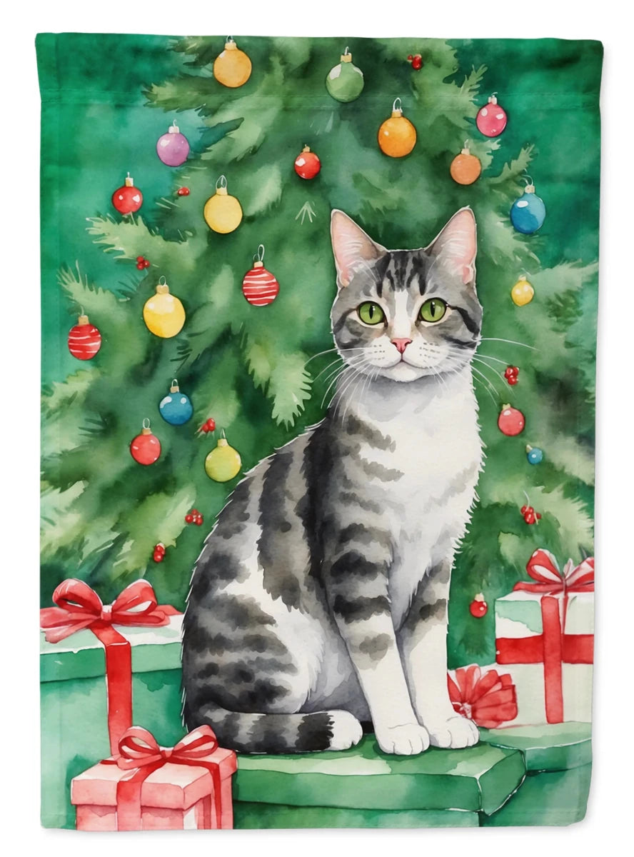 Cat By Christmas Tree Decorative Flag, HOUSE SIZE/American wirehair cat, view 14