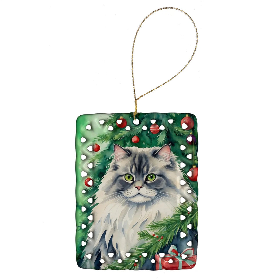 Cat By Christmas Tree Porcelain Ornament, 1/British shorthair cat, view 15