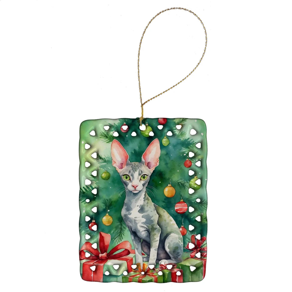 Cat By Christmas Tree Porcelain Ornament, 1/Cymric cat, view 24