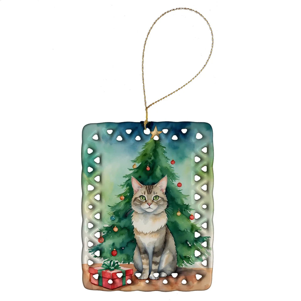 Cat By Christmas Tree Porcelain Ornament, 1/Egyptian mau cat, view 28