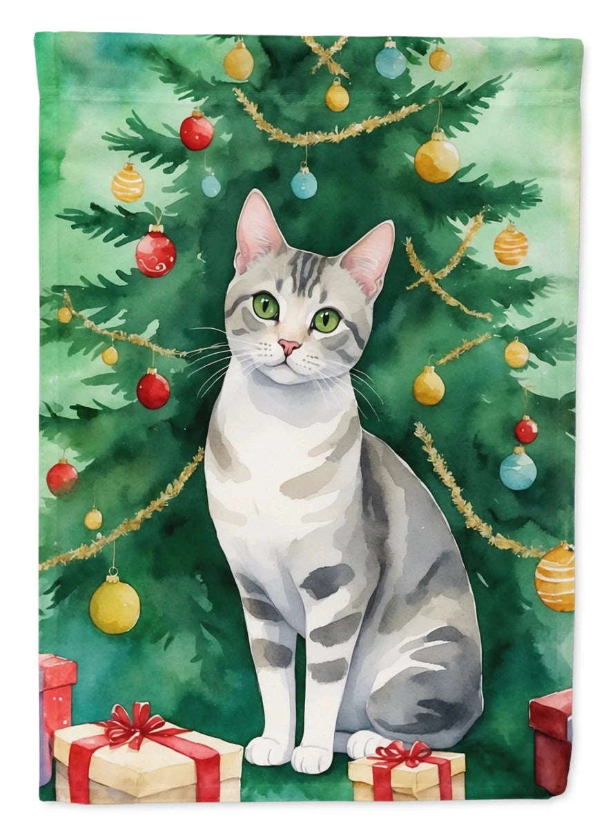 Cat By Christmas Tree Decorative Flag, HOUSE SIZE/Exotic shorthair cat, view 44