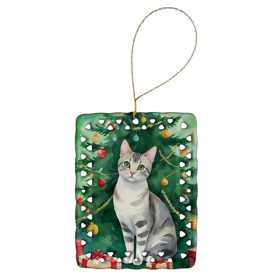 Cat By Christmas Tree Porcelain Ornament, 1/Exotic shorthair cat, view 30