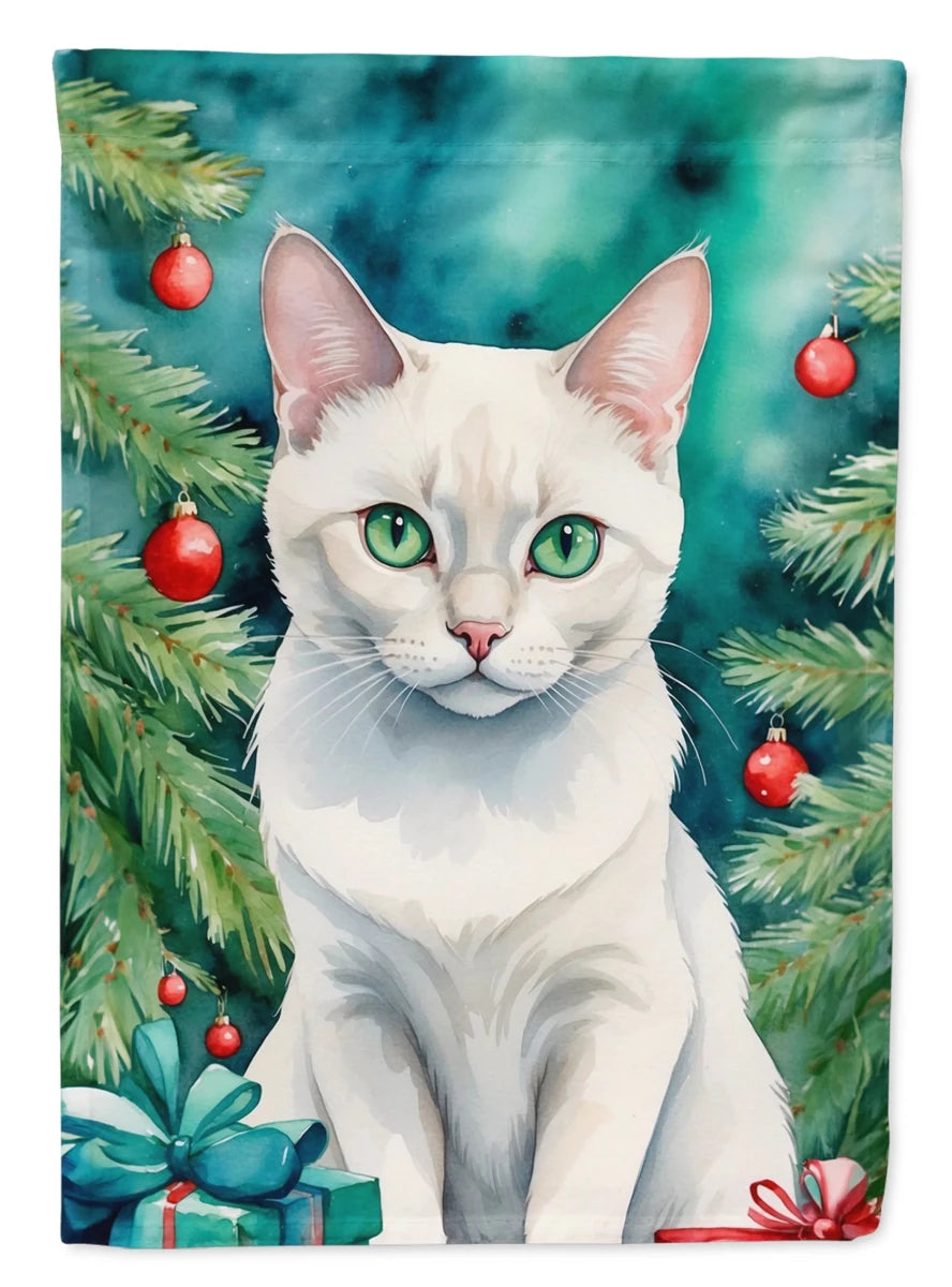 Cat By Christmas Tree Decorative Flag, HOUSE SIZE/German rex cat, view 47