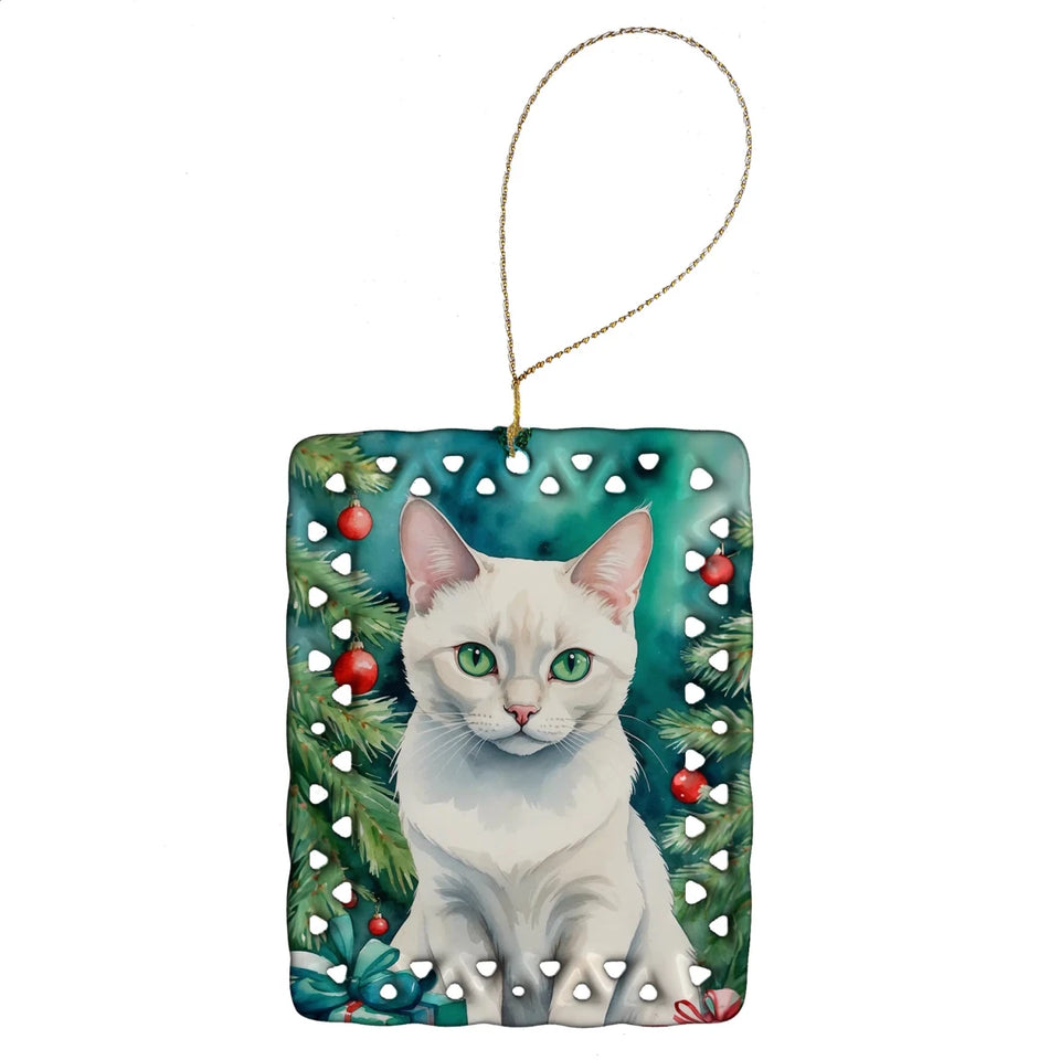 Cat By Christmas Tree Porcelain Ornament, 1/German rex cat, view 33