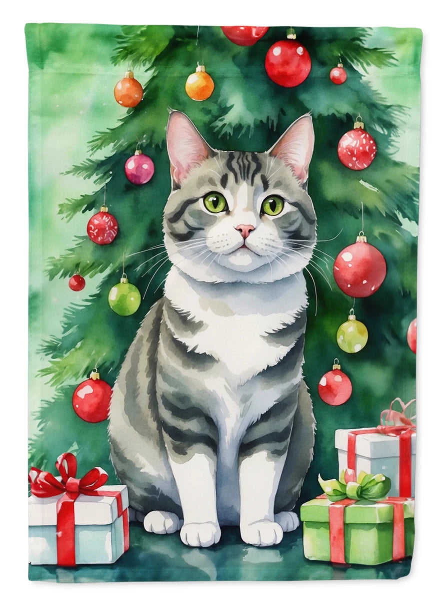 Cat By Christmas Tree Decorative Flag, HOUSE SIZE/Kurilian bobtail cat, view 55