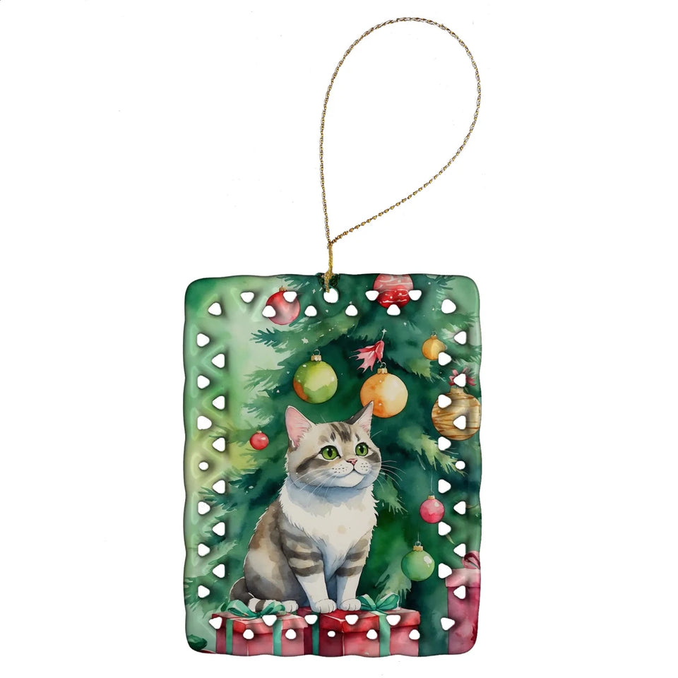 Cat By Christmas Tree Porcelain Ornament, 1/Lykoi cat, view 44