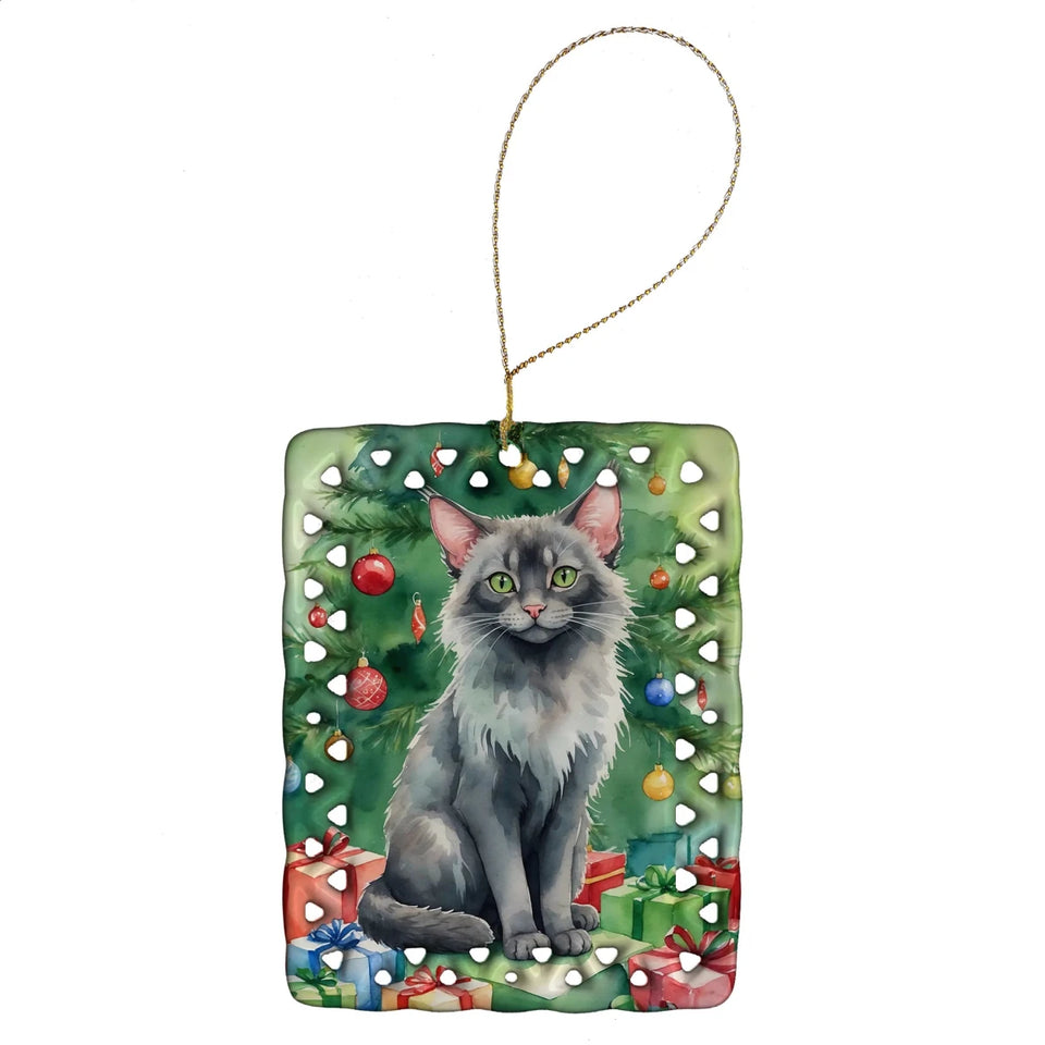 Cat By Christmas Tree Porcelain Ornament, 1/Mainecoon cat, view 45