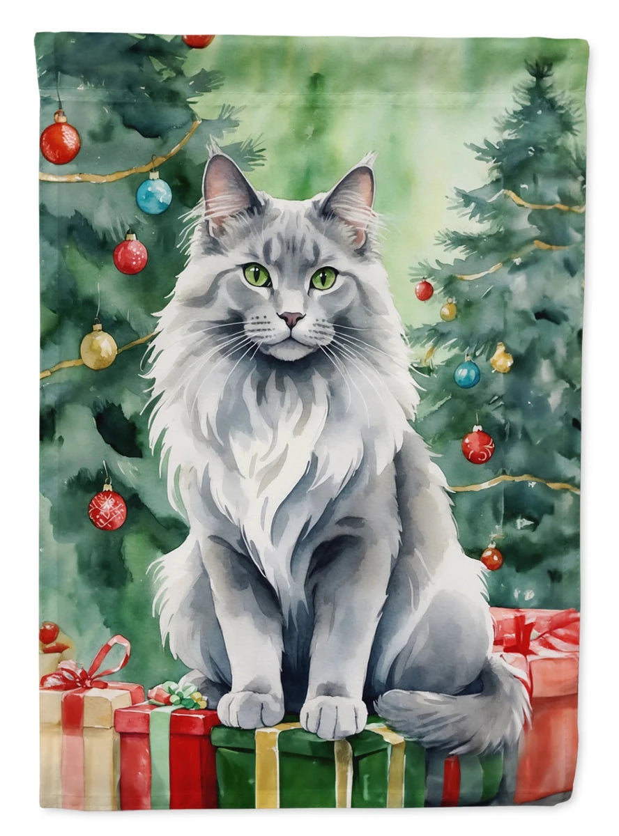Cat By Christmas Tree Decorative Flag, HOUSE SIZE/Norwegian forest cat, view 65