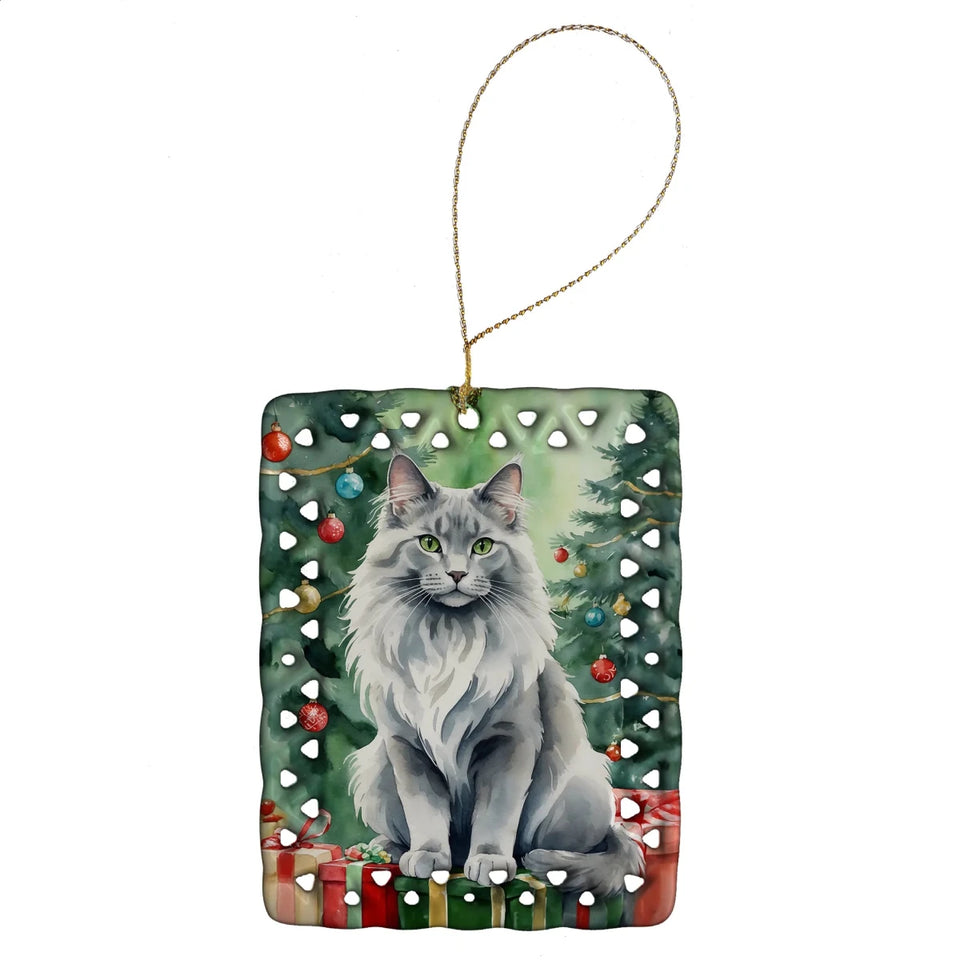Cat By Christmas Tree Porcelain Ornament, 1/Norwegian forest cat, view 51