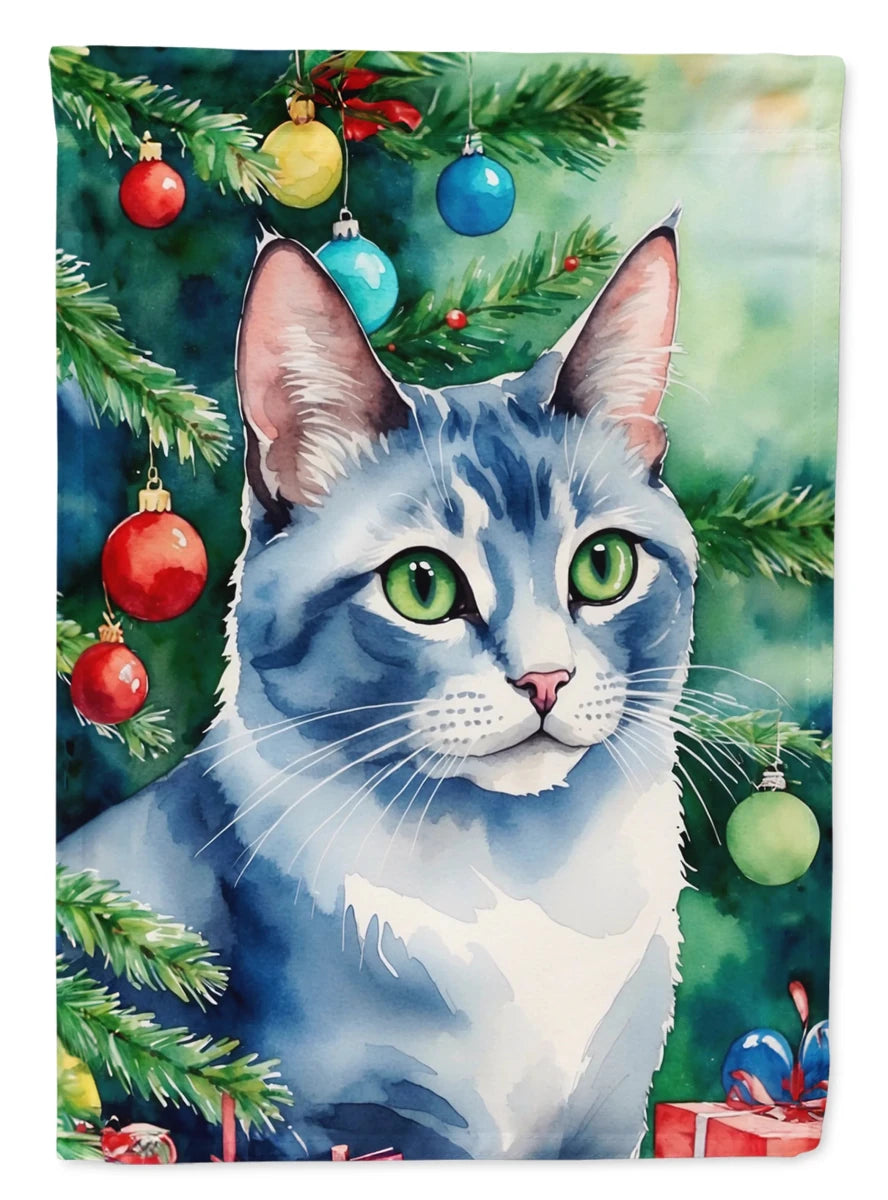 Cat By Christmas Tree Decorative Flag, HOUSE SIZE/Oregon rex cat, view 68