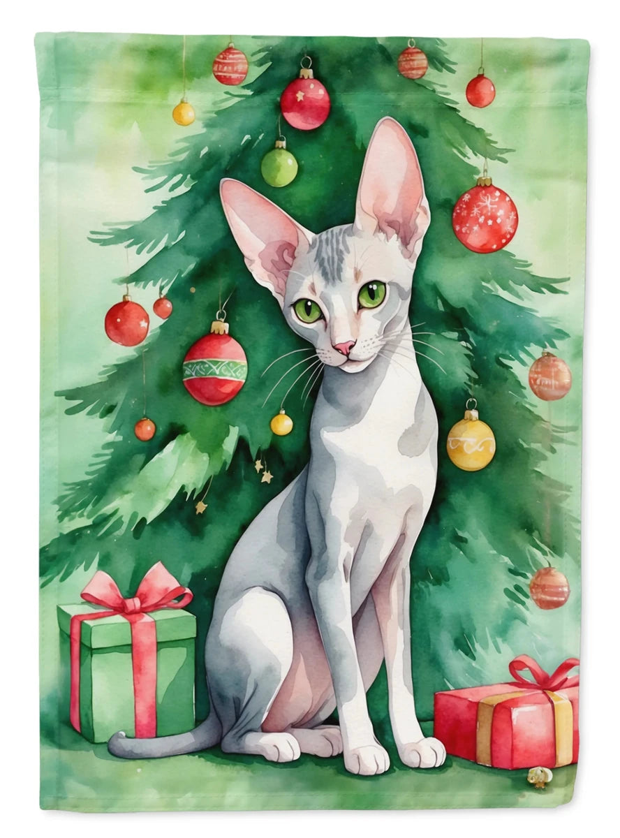 Cat By Christmas Tree Decorative Flag, HOUSE SIZE/Owyhee bob cat, view 71