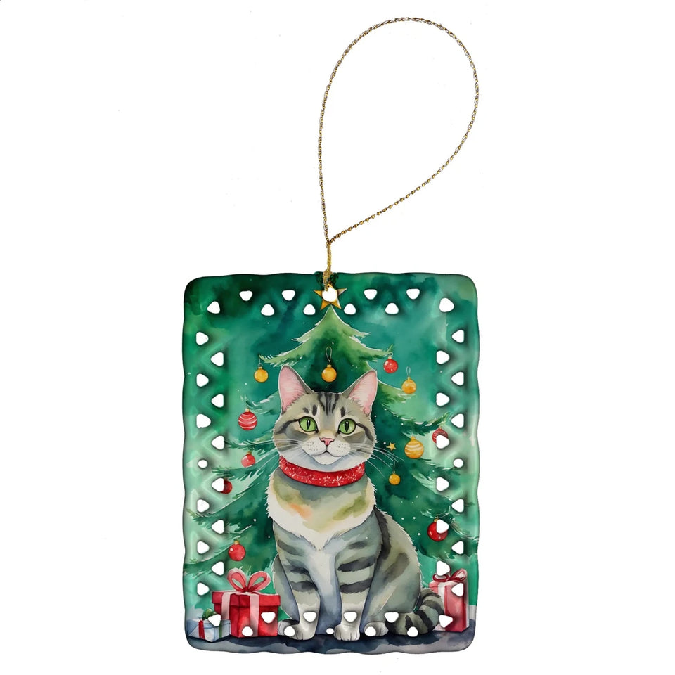 Cat By Christmas Tree Porcelain Ornament, 1/Ragamuffin cat, view 63