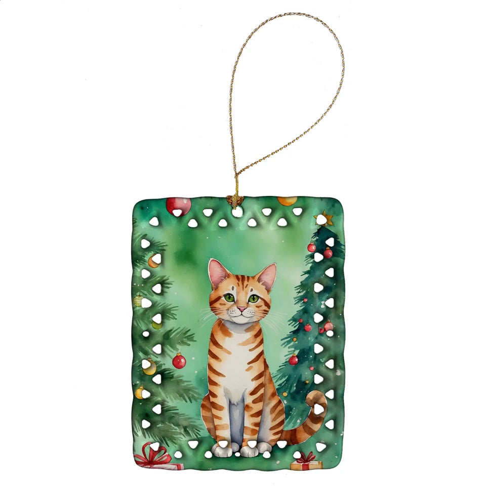 Cat By Christmas Tree Porcelain Ornament, 1/Savannah cat, view 67